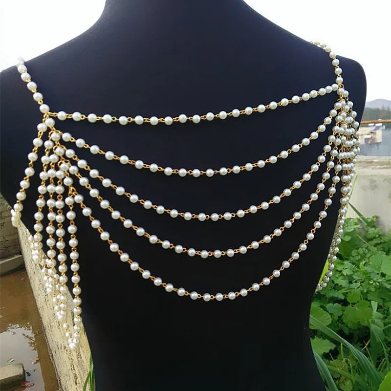 Beaded Super Long Pendants Necklace Women Trendy Pearl Choker Necklace Body Jewelry Gold Shoulder Chain 2024