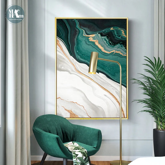 Modern Abstract Gold foil lines Green Canvas Art Painting Home Decor