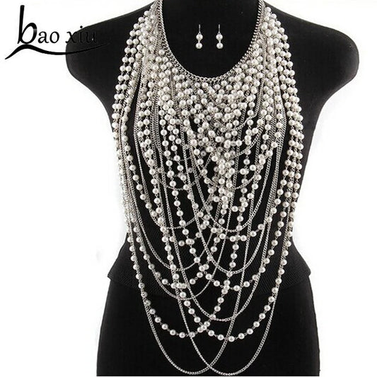 Beaded Super Long Pendants Necklace Women Trendy Pearl Choker Necklace Body Jewelry Gold Shoulder Chain 2024