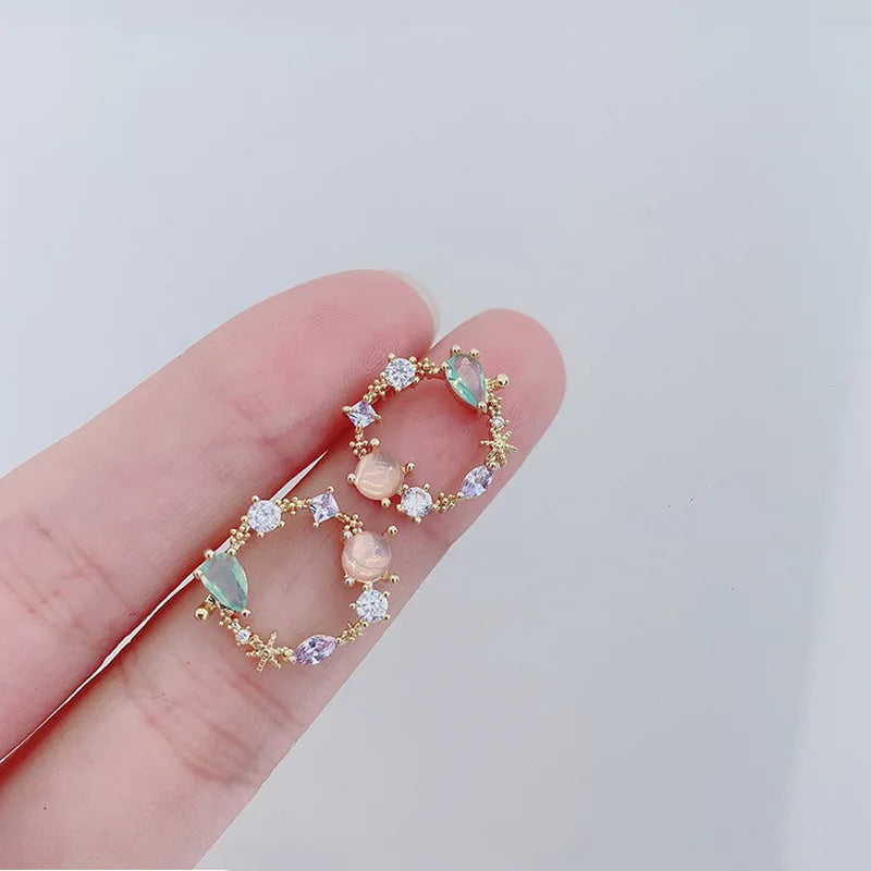 2024 Classic Round Pink Green Crystal Stud Earrings Sweet Flower Cirlce Jewelry Fashion Brincos