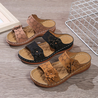 Autumn shoes mid-heel solid color hollow casual flower open-toed slippers