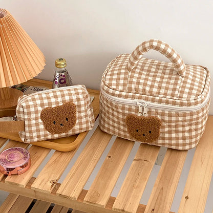 Cute Bear Khaki Makeup Bag Large Capacity Portable Cosmetic Bags Zipper Pure Cotton Plaid Brushes Pouch Case