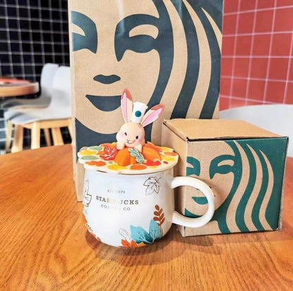 Starbucks Cup Autumn Forest Cute Fox Rabbit Ceramic Mug With Lid Coffee