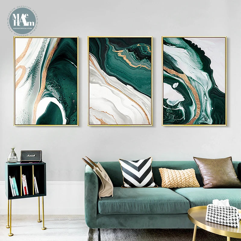 Modern Abstract Gold foil lines Green Canvas Art Painting Home Decor