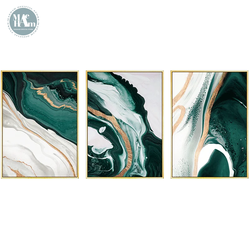 Modern Abstract Gold foil lines Green Canvas Art Painting Home Decor