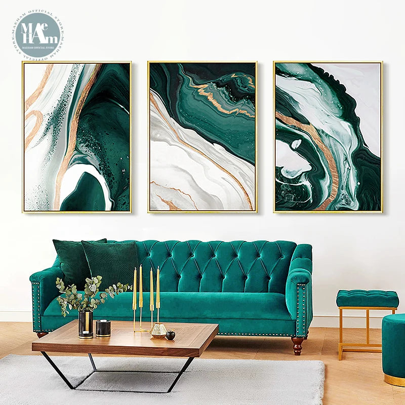 Modern Abstract Gold foil lines Green Canvas Art Painting Home Decor