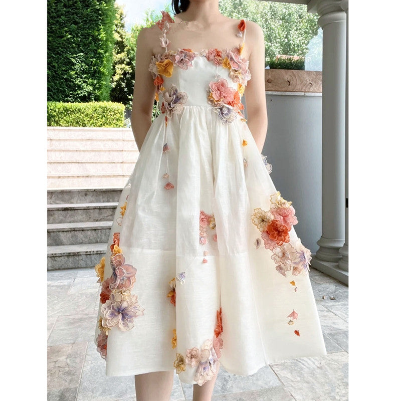 Floral Appliqué Linen Silk-blend Midi Dress White Elegant French Flower Fluffy Spaghetti straps