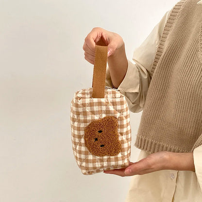 Cute Bear Khaki Makeup Bag Large Capacity Portable Cosmetic Bags Zipper Pure Cotton Plaid Brushes Pouch Case