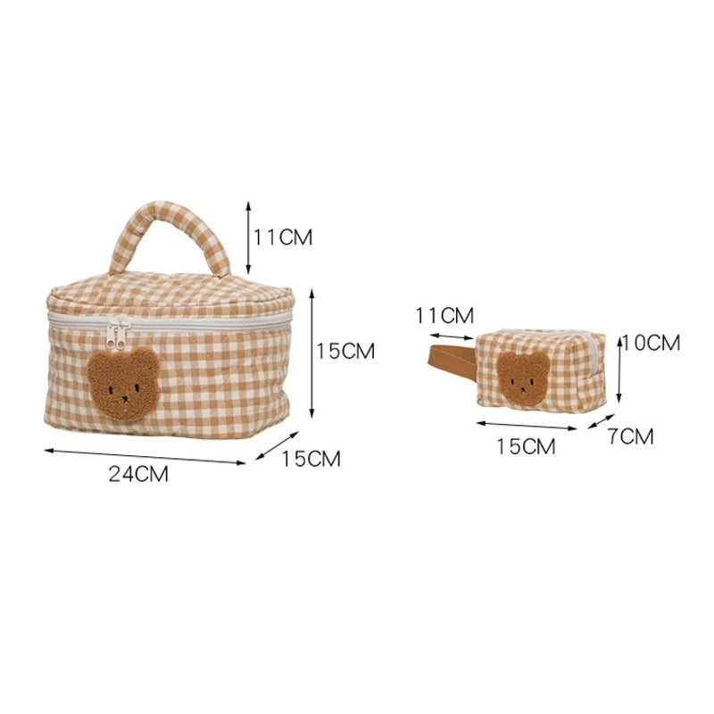 Cute Bear Khaki Makeup Bag Large Capacity Portable Cosmetic Bags Zipper Pure Cotton Plaid Brushes Pouch Case