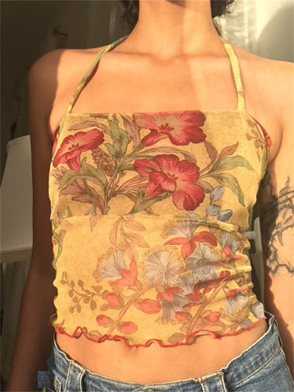 Floral Summer Crop Top Mesh See through