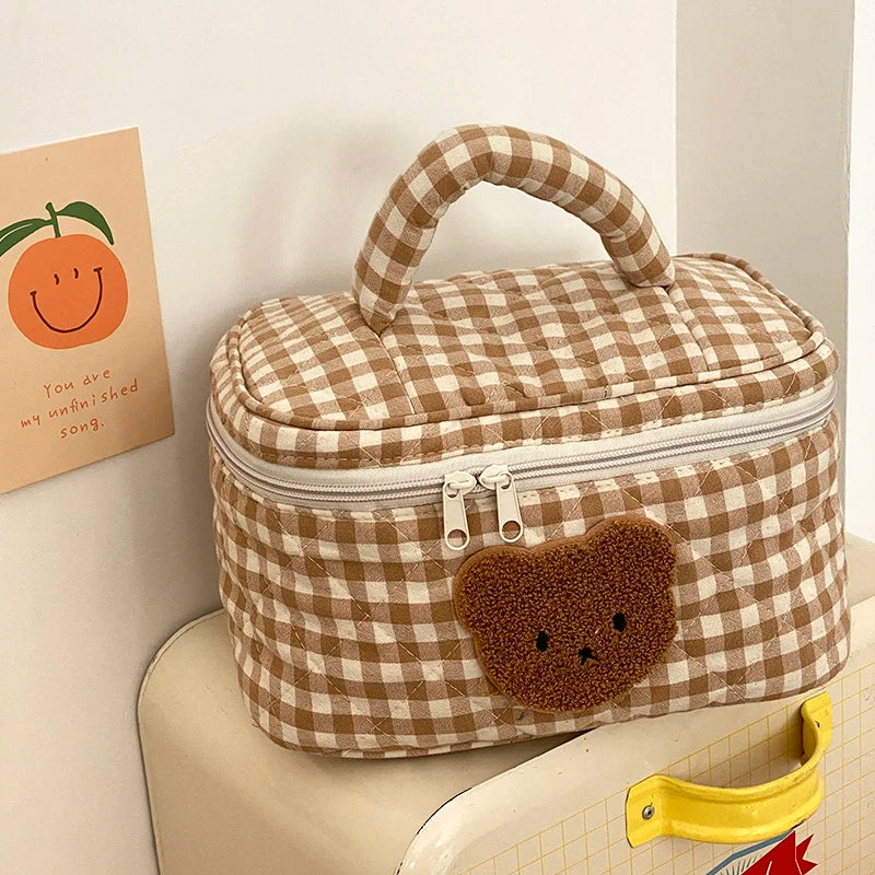 Cute Bear Khaki Makeup Bag Large Capacity Portable Cosmetic Bags Zipper Pure Cotton Plaid Brushes Pouch Case