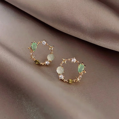 2024 Classic Round Pink Green Crystal Stud Earrings Sweet Flower Cirlce Jewelry Fashion Brincos