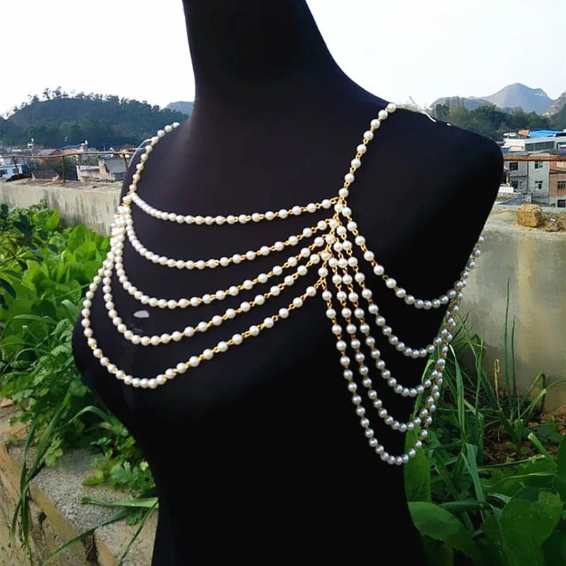 Beaded Super Long Pendants Necklace Women Trendy Pearl Choker Necklace Body Jewelry Gold Shoulder Chain 2024