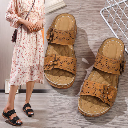 Autumn shoes mid-heel solid color hollow casual flower open-toed slippers