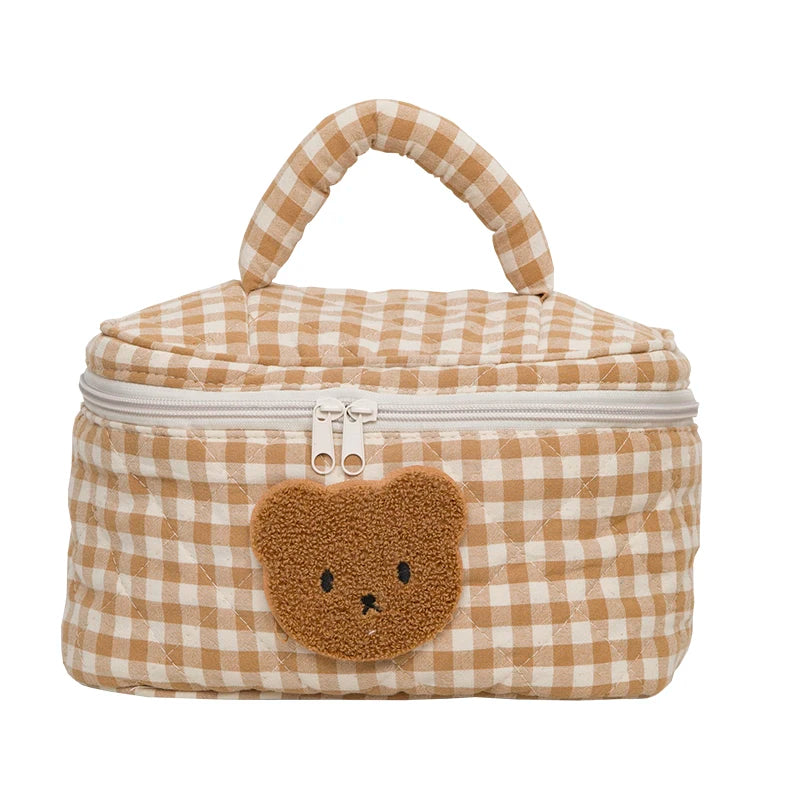 Cute Bear Khaki Makeup Bag Large Capacity Portable Cosmetic Bags Zipper Pure Cotton Plaid Brushes Pouch Case