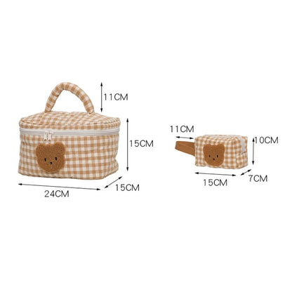 Cute Bear Khaki Makeup Bag Large Capacity Portable Cosmetic Bags Zipper Pure Cotton Plaid Brushes Pouch Case