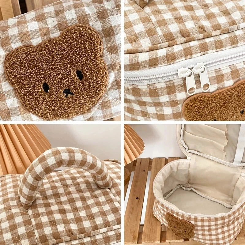 Cute Bear Khaki Makeup Bag Large Capacity Portable Cosmetic Bags Zipper Pure Cotton Plaid Brushes Pouch Case