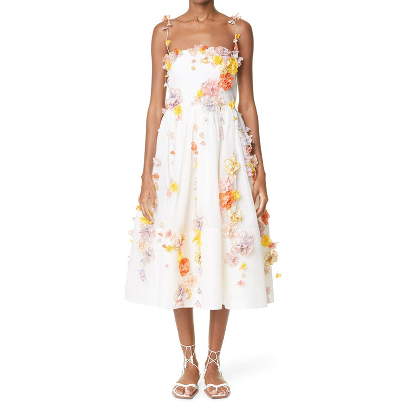 Floral Appliqué Linen Silk-blend Midi Dress White Elegant French Flower Fluffy Spaghetti straps