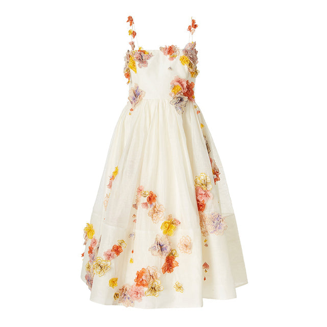 Floral Appliqué Linen Silk-blend Midi Dress White Elegant French Flower Fluffy Spaghetti straps